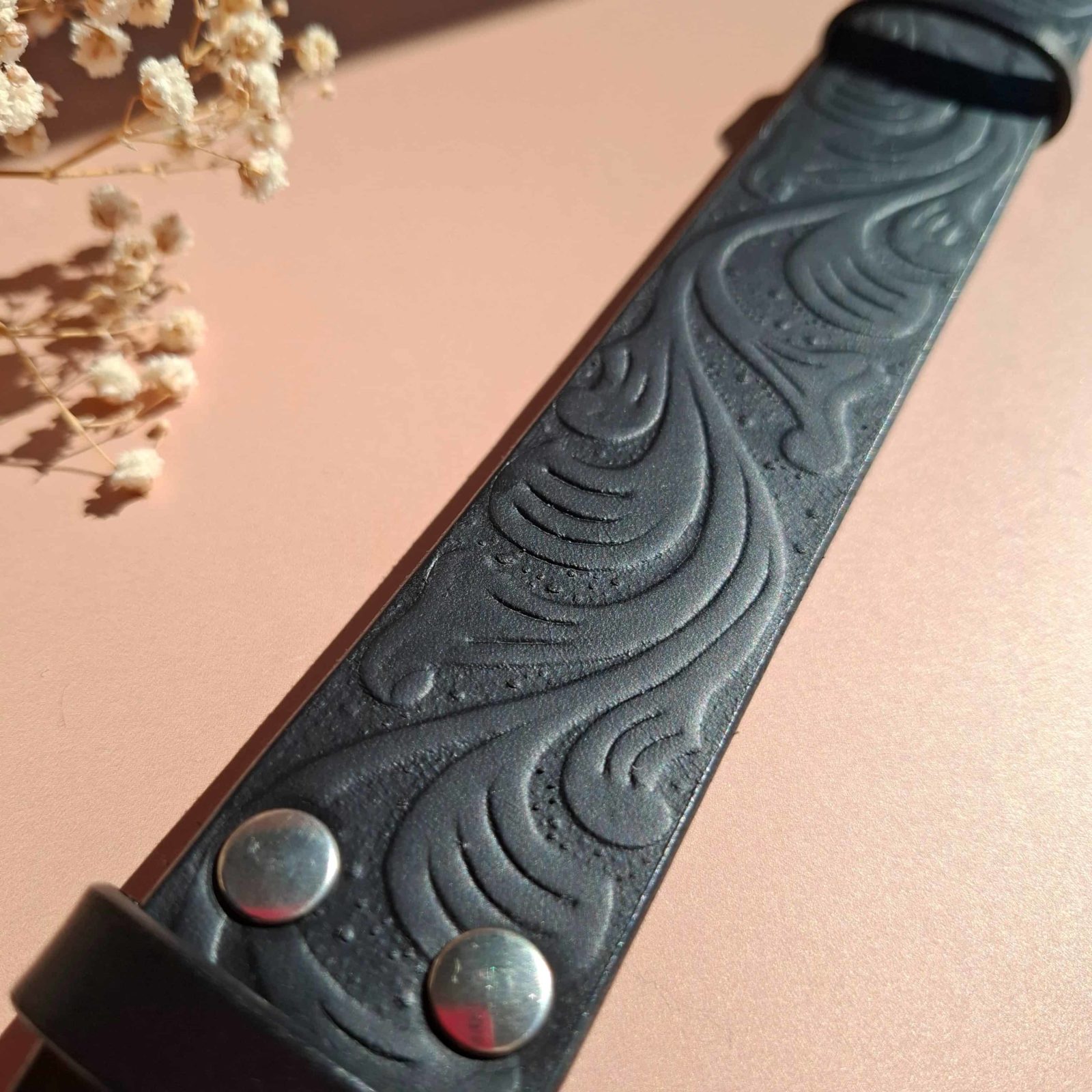 Ceinture cuir noir artisanale 3,5 cm avec motif – Image 3